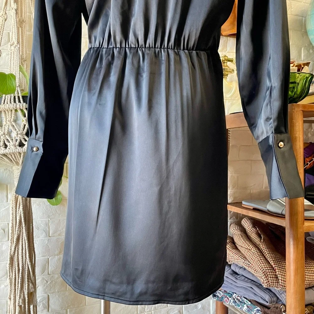 SOLD House of Harlow 1960 x Revolve Navy Satin Long Sleeve Mini Wrap Dress - Picture 12 of 14